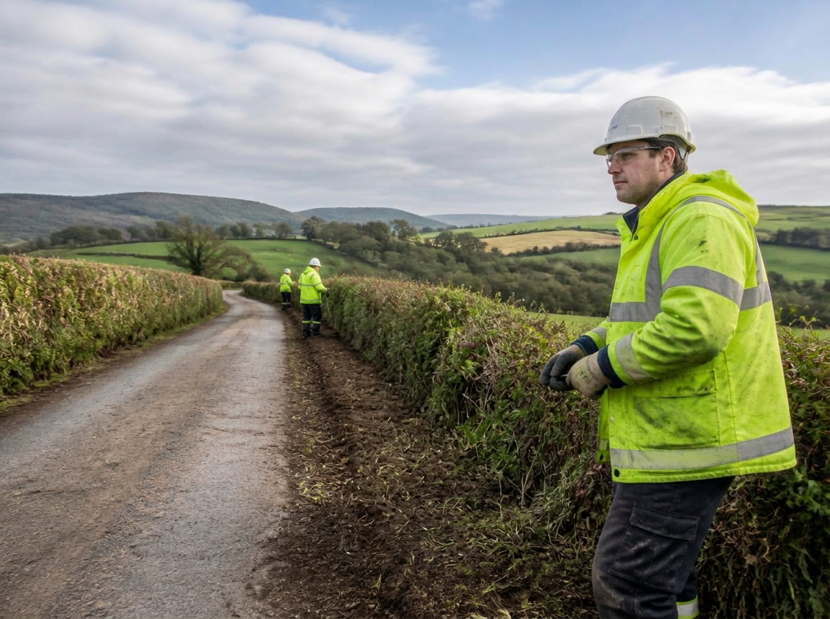 Access Fibre contractors in hi-vis jackets laying fibre cable along a rural UK country lane